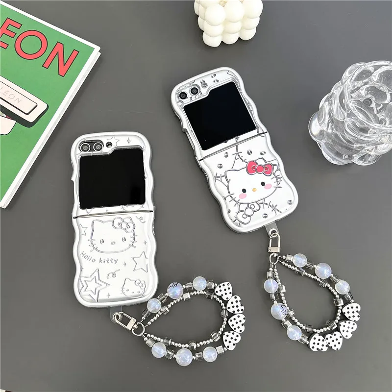 Luxury Silver Plating Hello Kitty with Lanyard Phone Case for Samsung Galaxy Z Flip 3 4 5 5G PC Hard Anti-drop Back Cover Funda