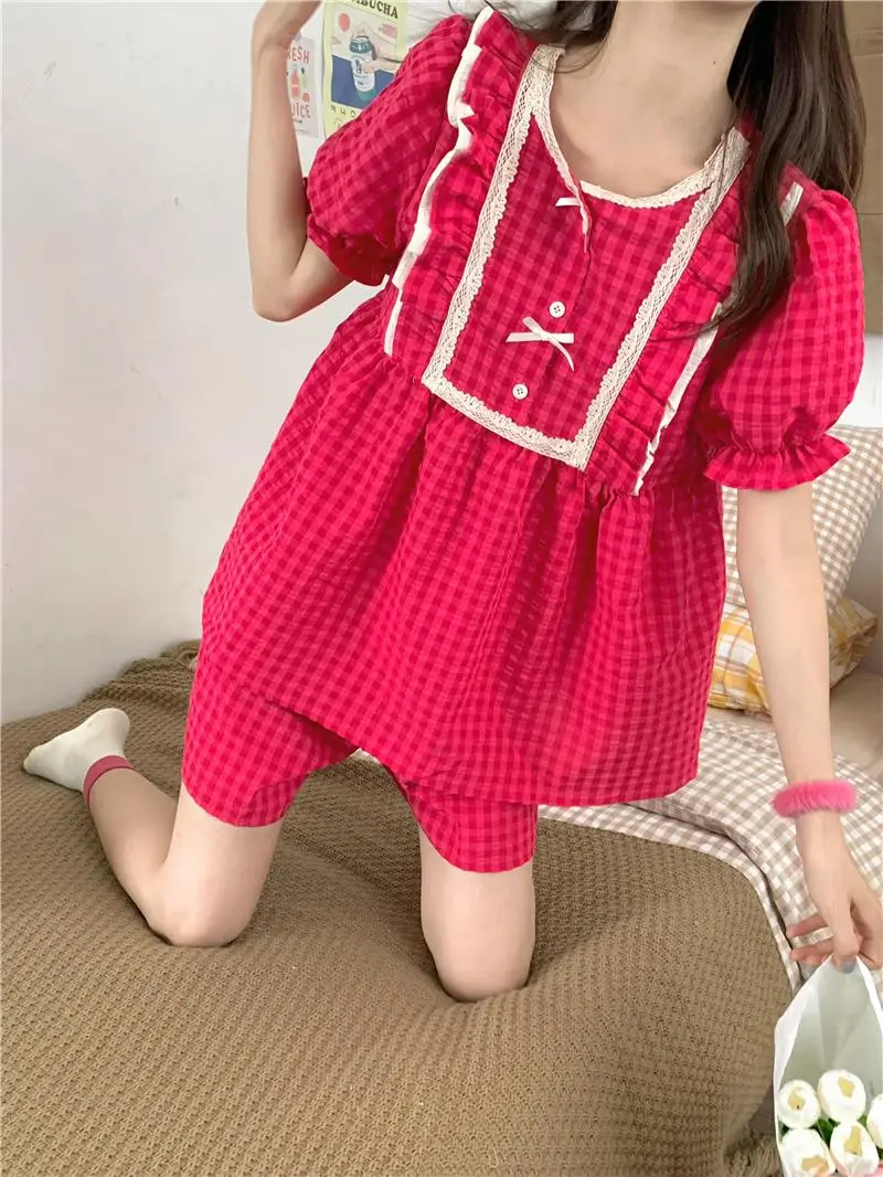 Pitaya Color Plaid Summer Pajamas Set Women Bow Buttons Ruffles Shirts Top + Shorts Cotton Sleepwear Two Piece Home Suit