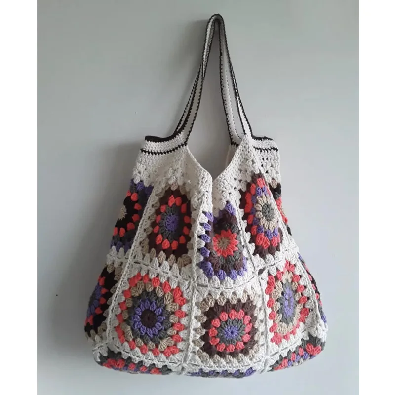 Navy/White Granny Square Crochet Woven Shoulder Bag Colorful Flower Checked Cute Purse Boho Hippie Handbag For Women