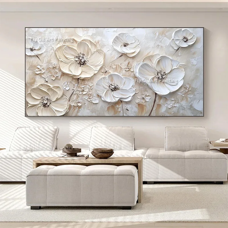 Large Pink And Green Flowers Fied Oil Painting Handmade Colorful Florals Artwork Original White Thick Flower Canvas Wall Art