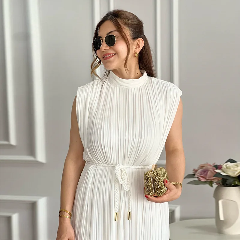 

Trend Simple Long Dress Women Half Turtleneck Waist-Controlled Lace-up Mid-Length Dress Elegant Solid Color Long Casual Dress