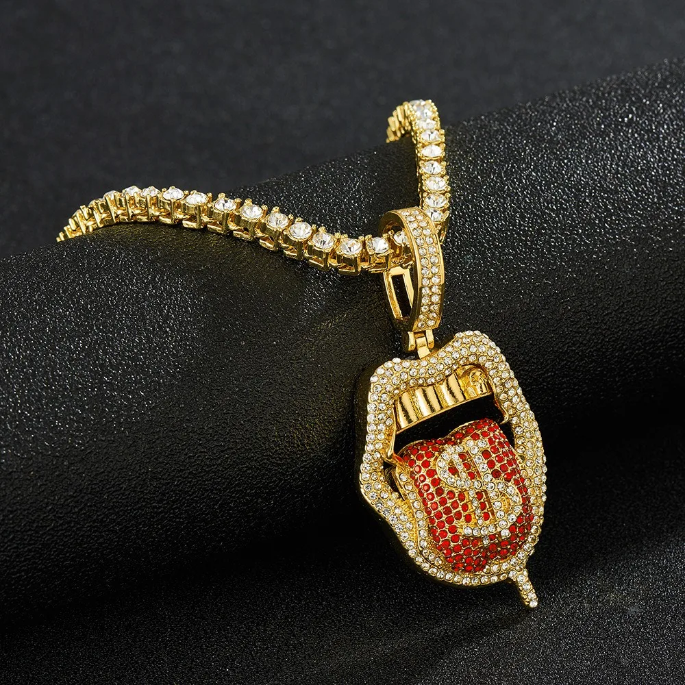 Full Skull Big Tongue Dollar Pendant Necklace Plate Cuban Punk Jewelry Gift For Men Women Vintage Hip Hop Zircon Clavicle Chain