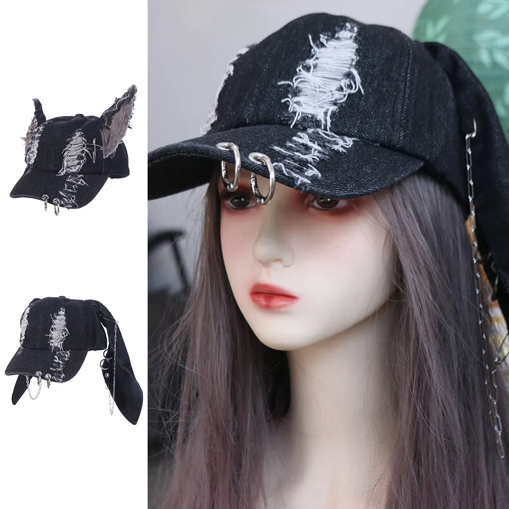 Casual Rabbit Ripped Denim Baseball Cap Puppy Y2K Chains Doberman Ears Hat Retro Sunscreen Bunny Ears Snapback Cap Men