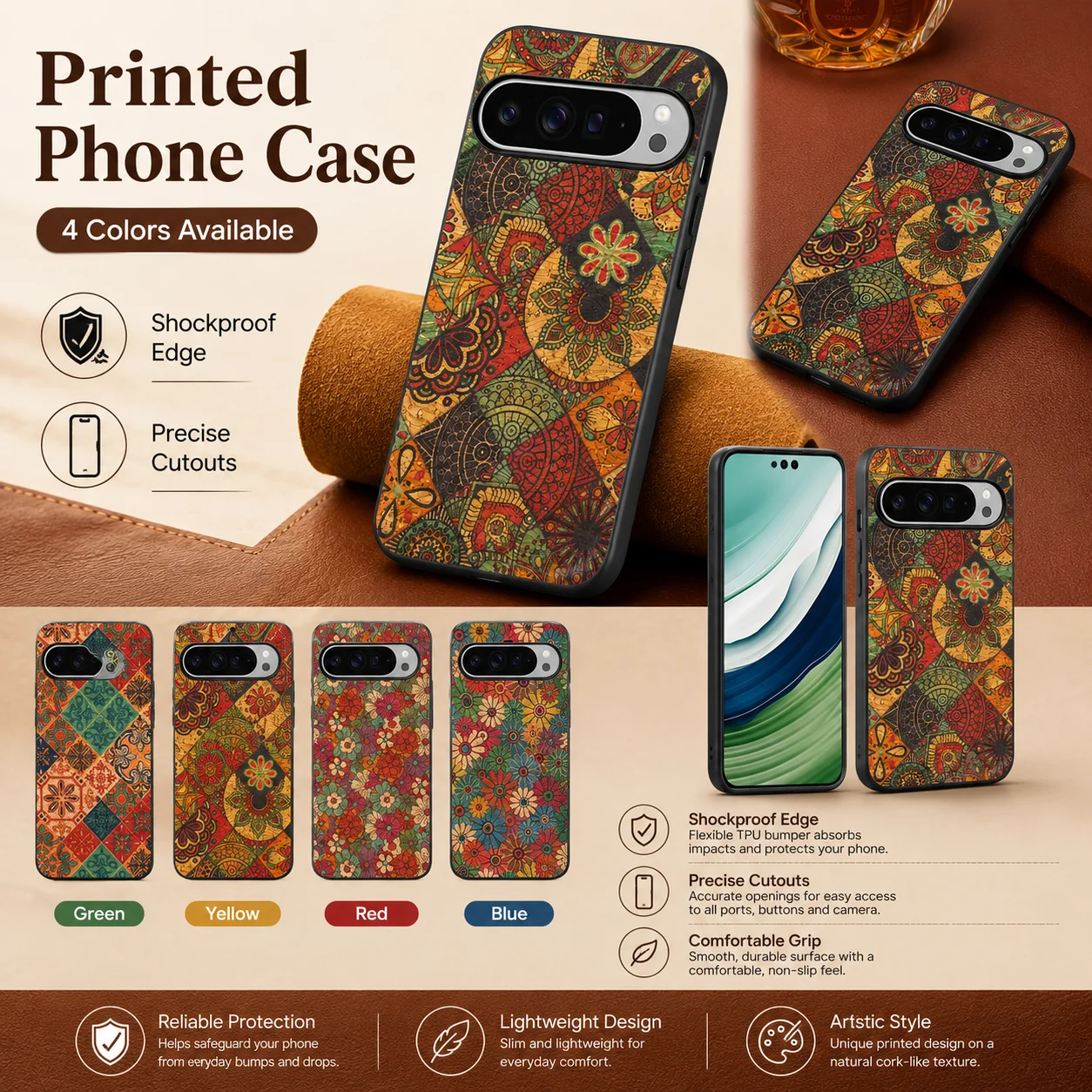 Étui de téléphone en bois et liège floral Denior, compatible avec Google Pixel 10 Pro XL/Pixel 9/8/7 Pro, coque antichoc avec dos anti-rayures