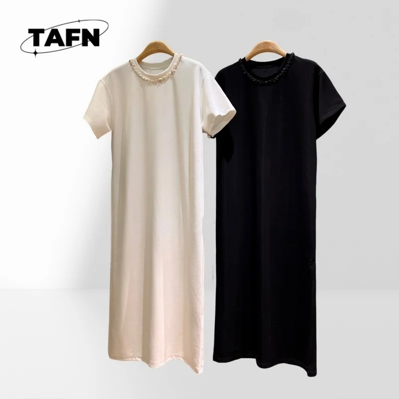 

Short Sleeve Dress Beautiful Simple Advanced Texture Retro Fashion Luxurious Cashmere Dress -End Design for Casual Wear AE1309