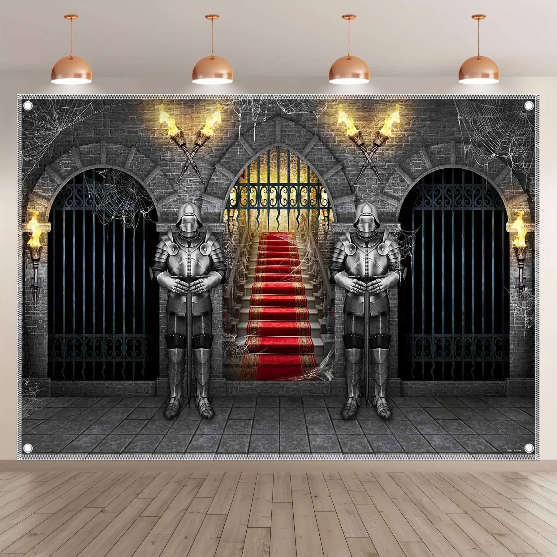 High end polyester medieval knight and castle arch photography background cloth - Halloween dungeon theme with torch