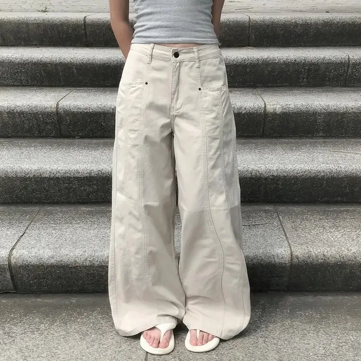 

Шикарная повседневная широкая свободная драпировка песочно-белого цвета, прямая рабочая одежда, джинсовые длинные брюки с высокой талией, женские модные джинсы с высокой талией