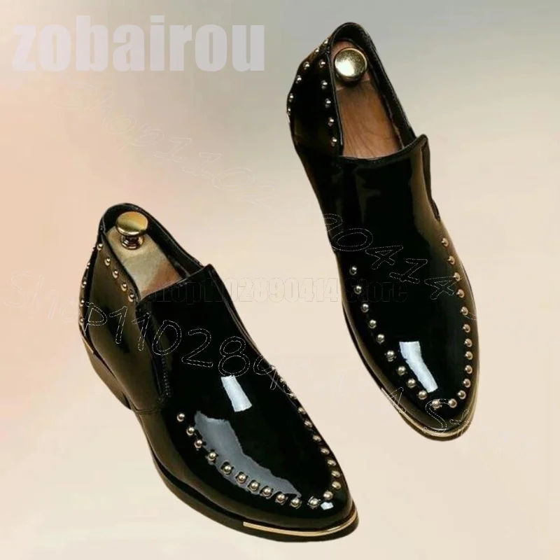 

Gold Rivets Black Patent Leather Men Loafers Fashion Slip On Men Shoes Luxurious Handmade Party Banquet Dating Men Dress Shoes
