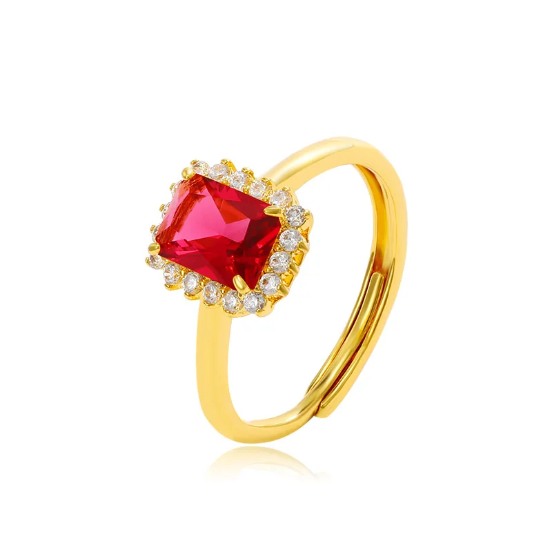 Fashion 24K Gold Plated Red Square Zircon Ring Adjustable Classical Pave CZ Jewelry For Women Exquisite Decorations 2024