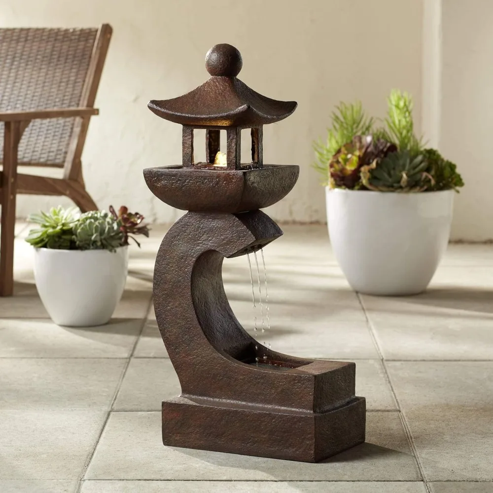 

Garden Pagoda Japanese Asian Style Outdoor Floor Fountain with Light LED 31" High Faux Rust Stone for Patio Backyard Deck Home