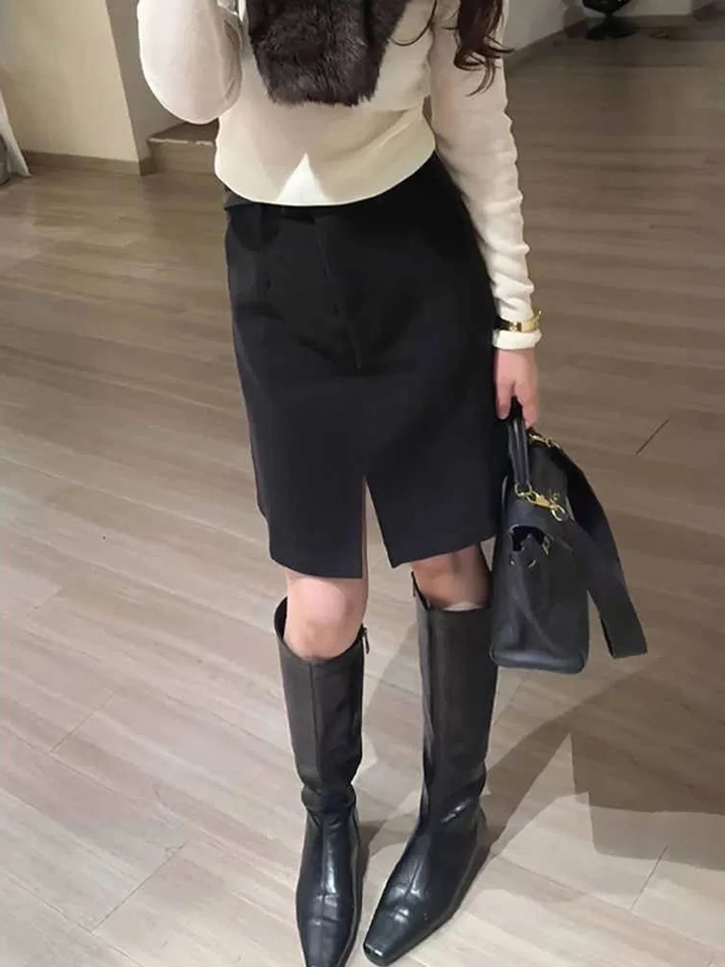 Slimming Black Asymmetrical Design Simple Mid-Length Skirt for Women Commute Style High Waist Pencil Skirt Fall Collection