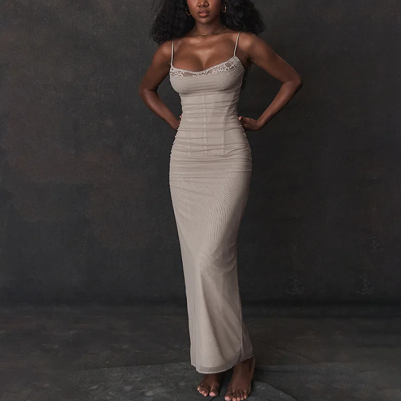 Women's Fashion European and American Style Strap Low-Cut Solid Color Elegant Bodycon Dress