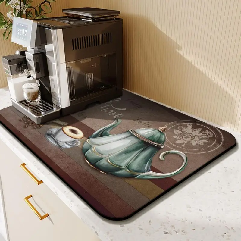 Classic Coffee Design Dish Drying Mat Soft Rubber Non-Slip Absorbent Stain-Resistant for Kitchen Coffee Bar Countertops