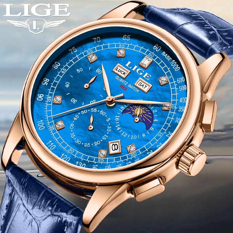 

LIGE Business Watch Men Fashion Blue Leather Moon Phase Waterproof Men's Quartz Wristwatch Casual Sport Luminous Watches For Men