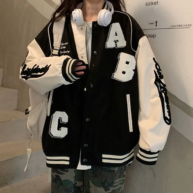 Oversize Retro Jacket Women American Streetwear Loose Long Sleeve Letter Patchwork Baseball Uniform Lady Winter Thick Warm Coat