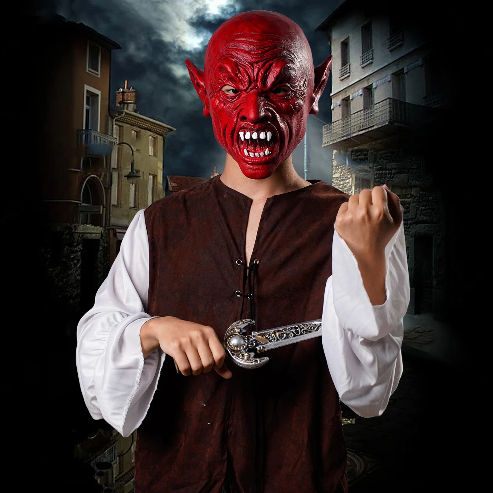 قناع جمجمة مرعب - إكسسوار أزياء الهالوين من اللاتكس مع خطر الأنياب وبقع الدم، مثالي للحفلات الرعب