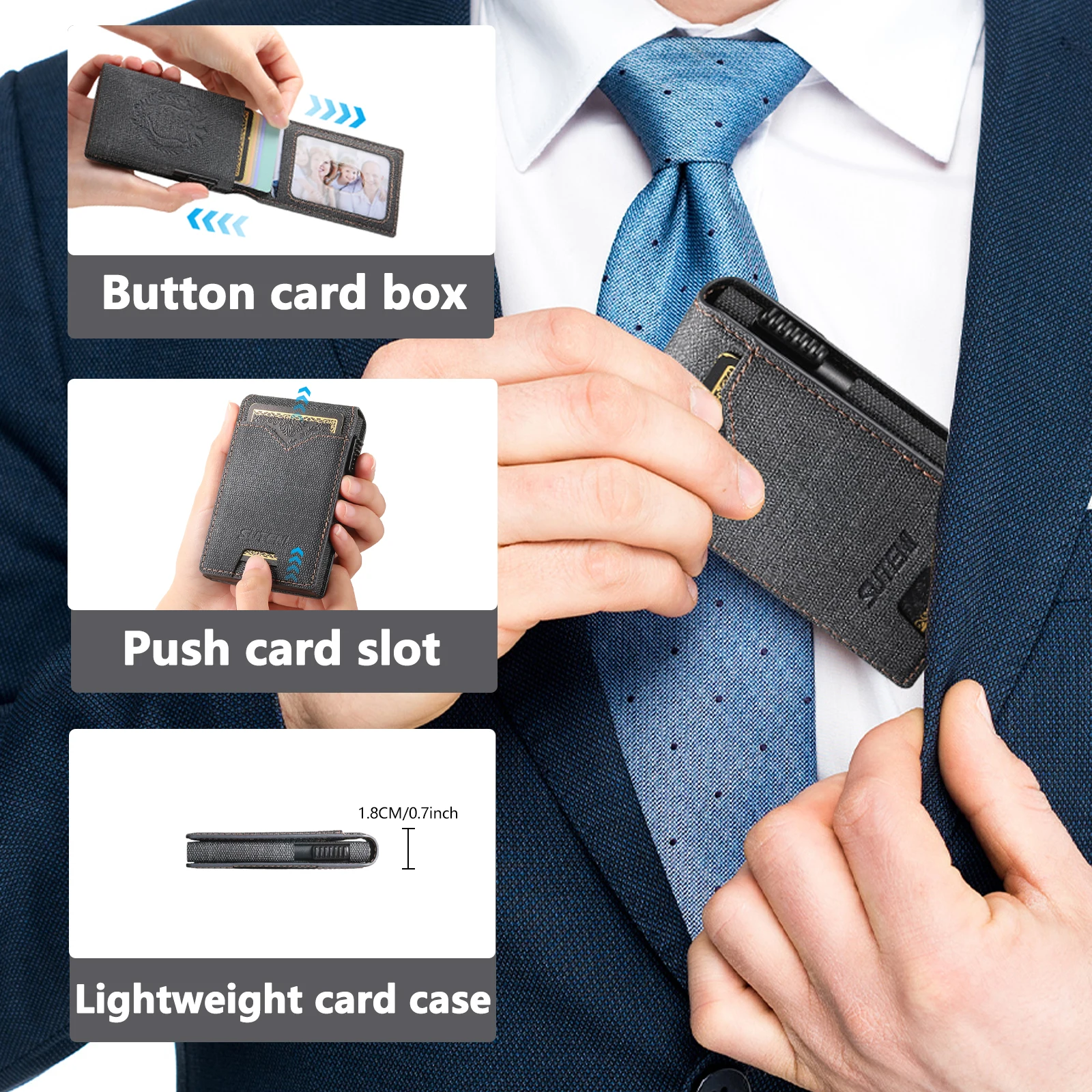 SUTENI Kunstleder für Herren, Geldbörse, Kartensteckplatz, Geldbörse, Flip-Cover, Kartenbox, drückt den Knopf automatisch die Karte aus – Detail 1