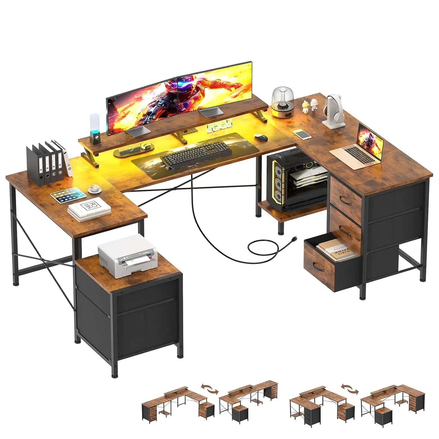 

U Shaped Gaming Desk, Reversible L Shaped Computer Desk With Power Outlets & USB Ports, Corner Gaming Desk With Drawers, Home Of