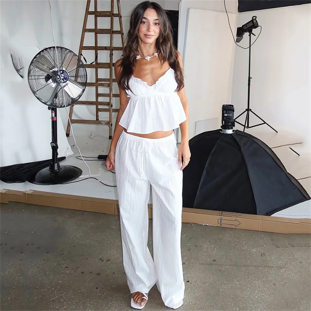 NEW Women Spaghetti Strap Vest Sleepwear With Wide Leg Pants Pajamas Set 2 Piece Sets Spring Casual Ruffles Trousers Outfits