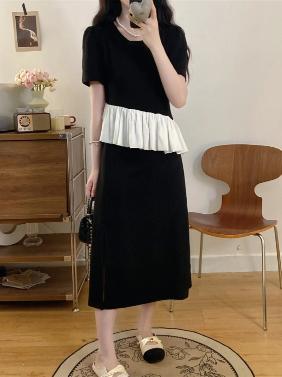 

Летнее платье больших размеров для женщин: А-силуэт, цветные блоки, оборки, завышенная талия, длинный рукав, круглый вырез, повседневный стиль для работы и отдыха