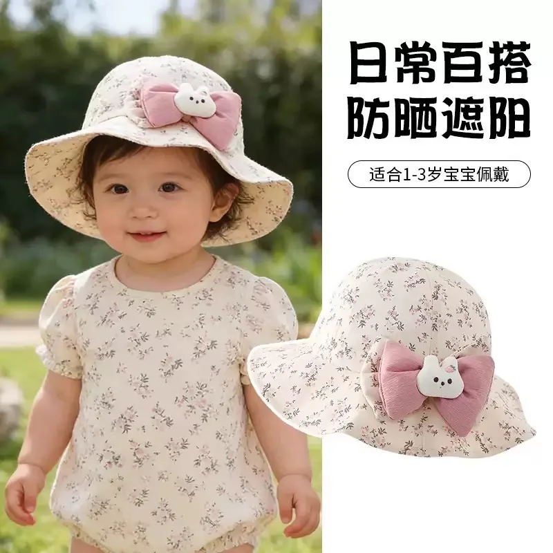 1-3 years old children's fisherman hat, fresh cartoon style, super cute floral design, small rabbit baby cap, casual outdoor sun