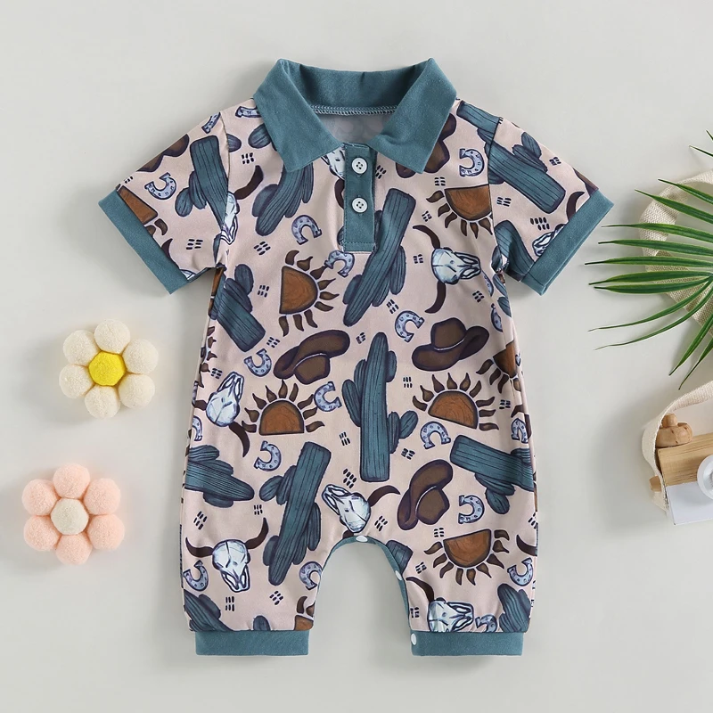 0-18 Months Baby Boys Jumpsuit Bull Head Print Short Sleeve Turndown Collar Rompers for Newborn Baby Summer Casual Clothing