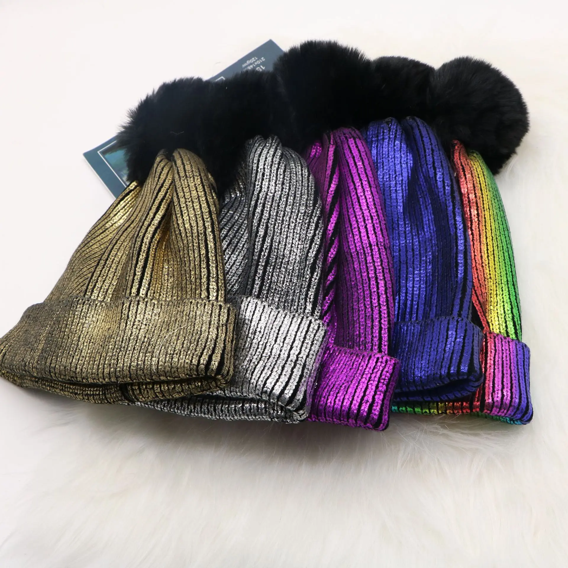 Knitted Winter Hats for Women Beanies Knitted Female Beanie Caps Fur Pom Pom Paillette Bling Hat Warmer Bonnet Ladies Casual Cap