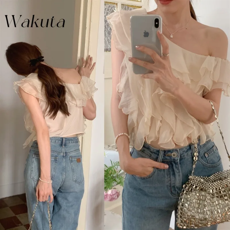 WAKUTA French Retro Slanted Neck Off Shoulder Ruffle Edge Top 2024 Early Autumn Temperament Backless Pleated Fairycore Blouse