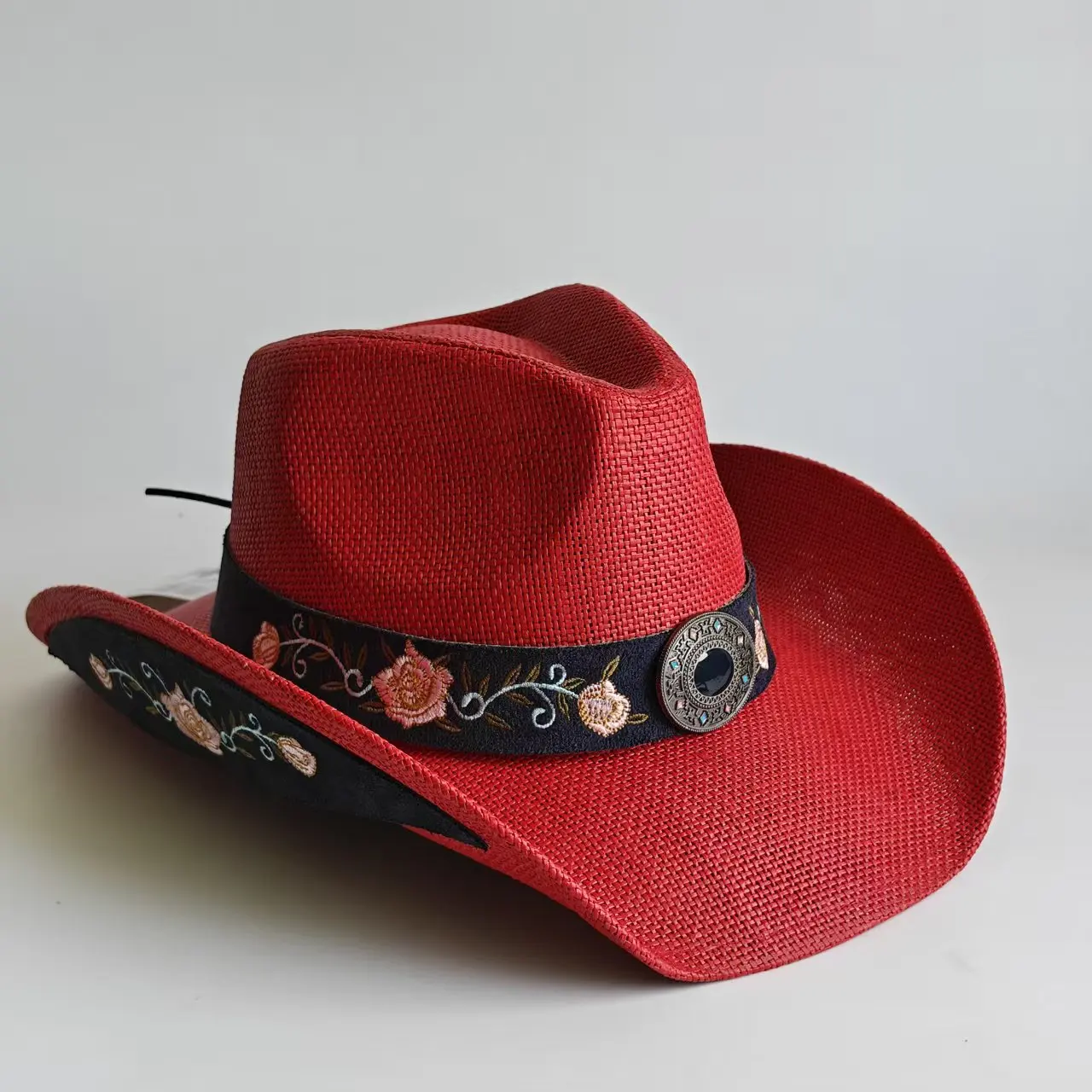 Straw Western Cowboy Hat with Floral Rose Embroidery Band Turquoise Rodeo Stage Party Outdoor ковбойская шляпа chapéu country