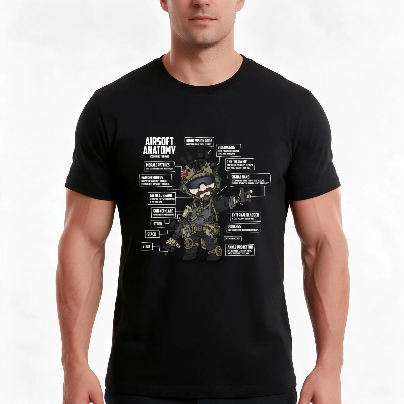 AIRSOFT ANATOMY (white writing) T-Shirt, Summer Casual Cotton Tee, Oversized Streetwear Tops, Vintage Graphic Print, 100% Cotton
