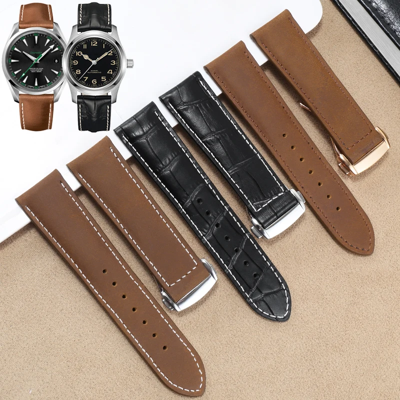 

YOPO 20 22 23mm Genuine Leather Watchband Black Brown Frosting Leather Watch With Folding Buckle Strap for Hamilton