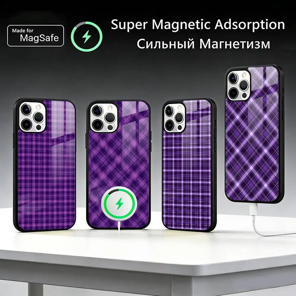 

Purple Plaid Pattern Phone Case For iPhone17,16,15,14,13,12,11 Plus,Pro Max, New Magnetic Wireless Charging