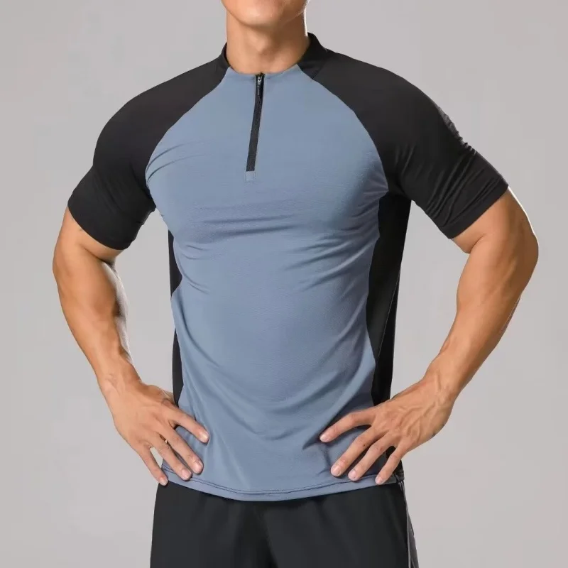 

Men's Running Sports Short Sleeve T-shirt Solid Color Stand Collar Half Zipper Fitness Training Elastic Quick Drying T-shirt