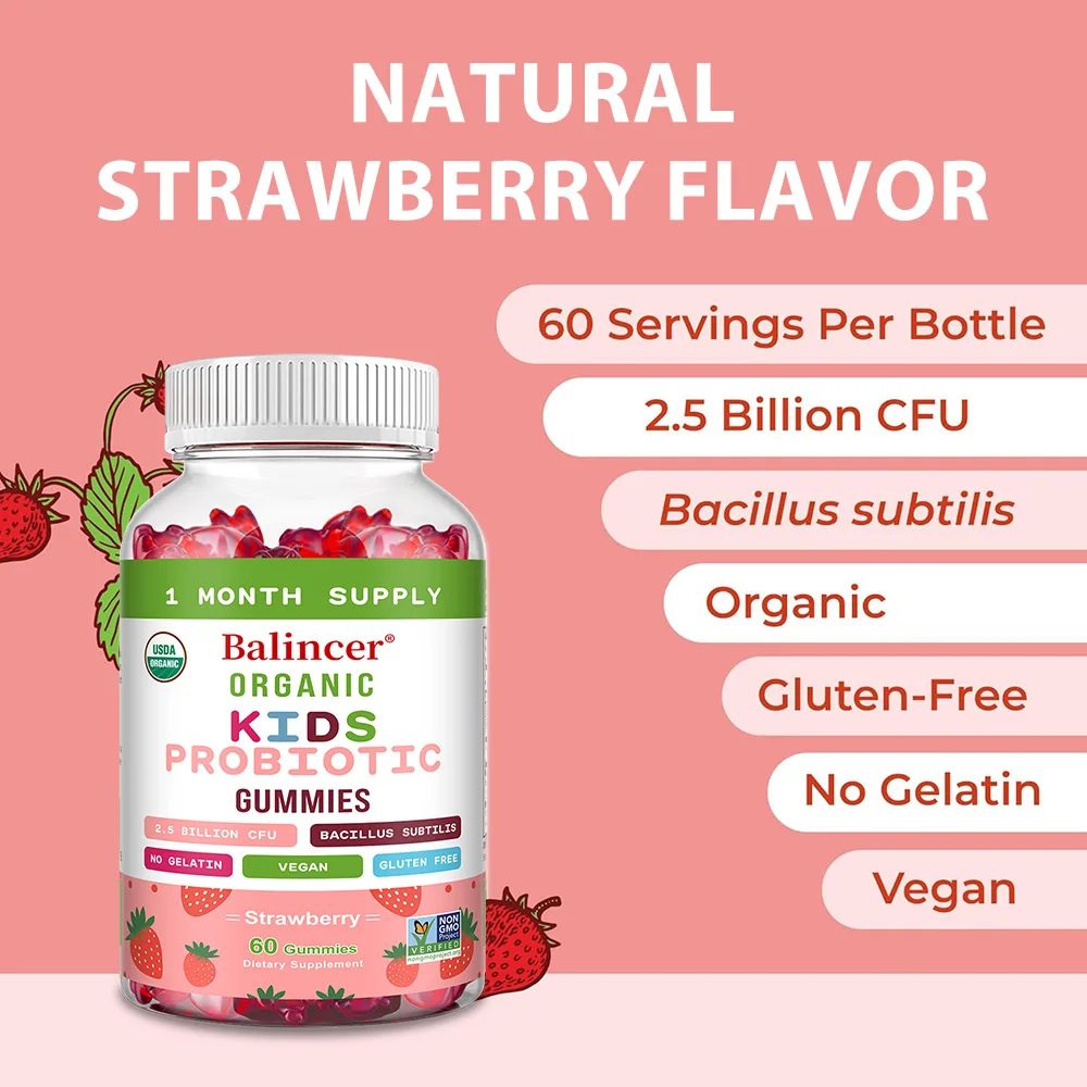 علكة بروبيوتيك عضوية طبيعية (فراولة)، للأطفال، جيدة لصحة الأمعاء، ودعم الجهاز المناعي والعافية الشاملة