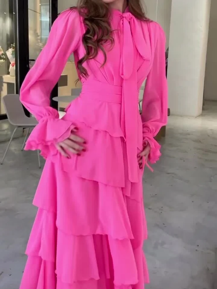 Robes longues en mousseline de soie, mode généreuse, bord de feuille de Lotus, épissage, Style princesse, Design sens, col mi-haut, nouvelle collection été