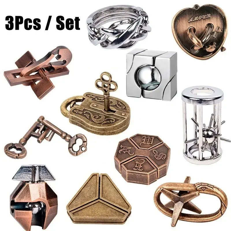 3-delige set metalen hersenkraker puzzel speelgoed IQ uitdagingsspellen oplossing ontgrendelen voor kinderen en volwassenen perfecte feestuitdaging cadeau