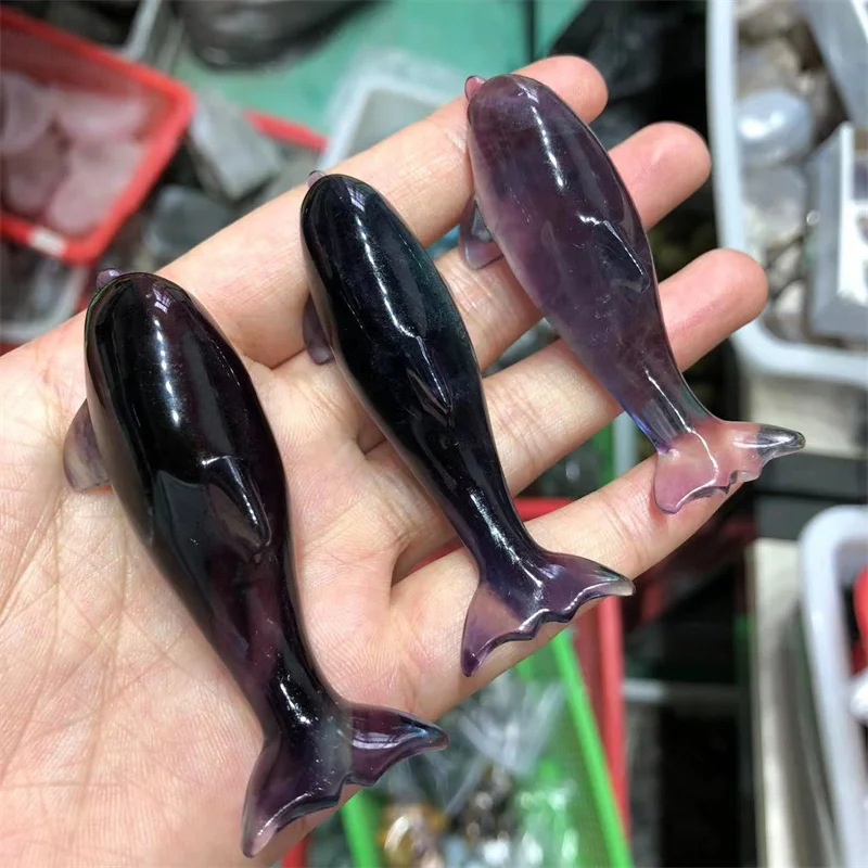 1pcs Colorful Fluorite Dolphin Natural Stones Quartz Carved Animals Healing Crystal Gemstones Crafts Reiki Decoration