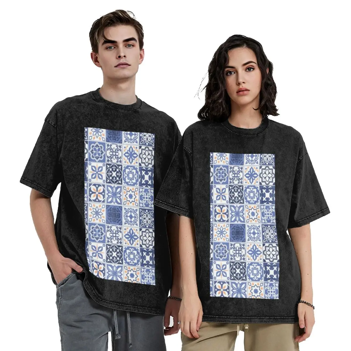 Blue Portuguese Tile Portugal Azulejo Flower   Washed T Shirts Cotton Short Sleeve Hip Hop T-Shirt Streetwear Tops Tees