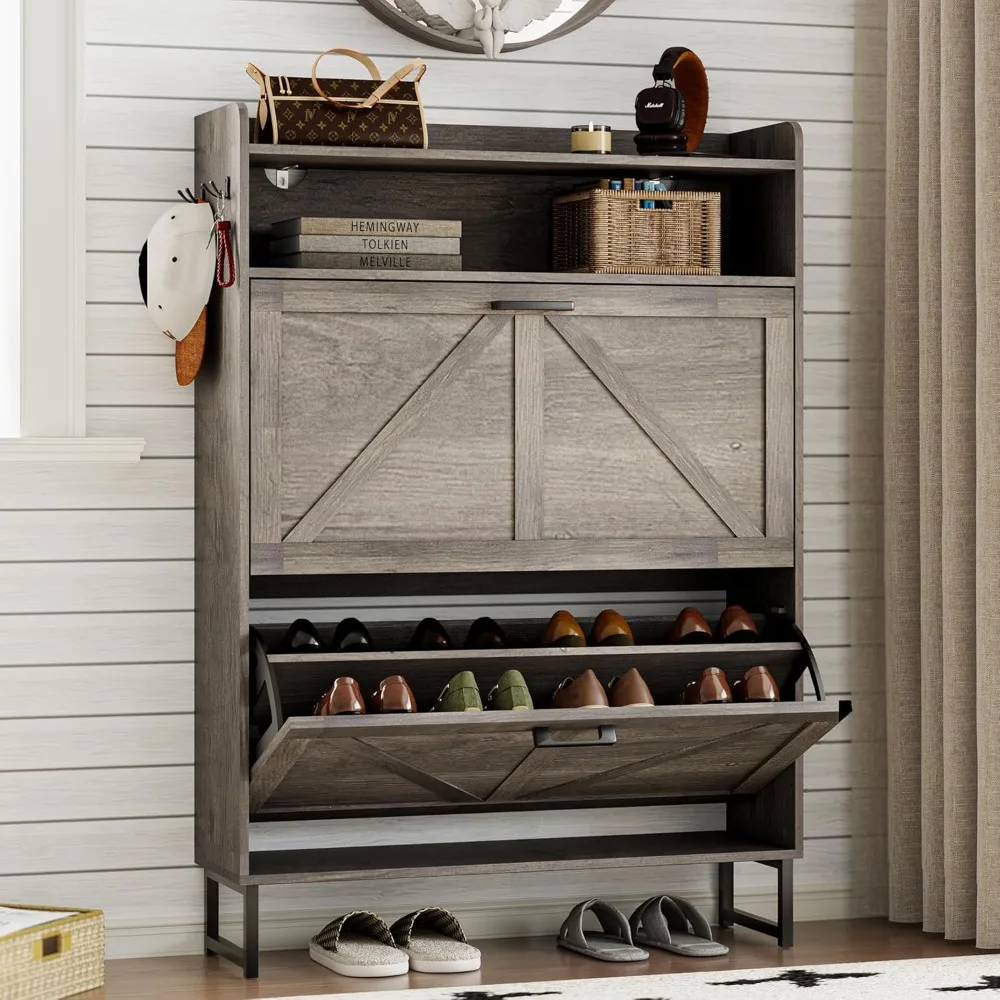 

Shoe Cabinet with 2 Flip Drawers Narrow Shoe Storage Organizer Wooden Freestanding Rack Hidden Slim Shoes Storage Cabinet