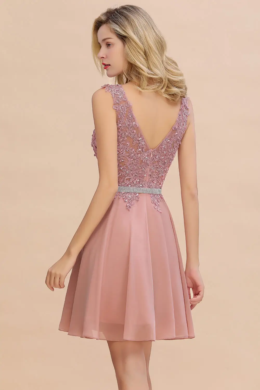 Newest Dusty Pink Sequins Lace Cocktail Dresses With Sashes Sexy V neck A Line Chiffon Short Party Gowns For Prom Evening 2024