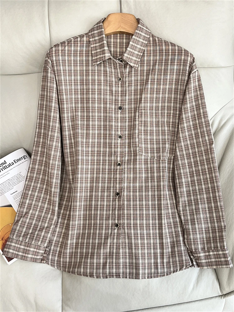 

Retro Sle Plaid Loose Collar Casual irt Women's Top Korean Version Artistic Loose Fit Long Sve Button up irt