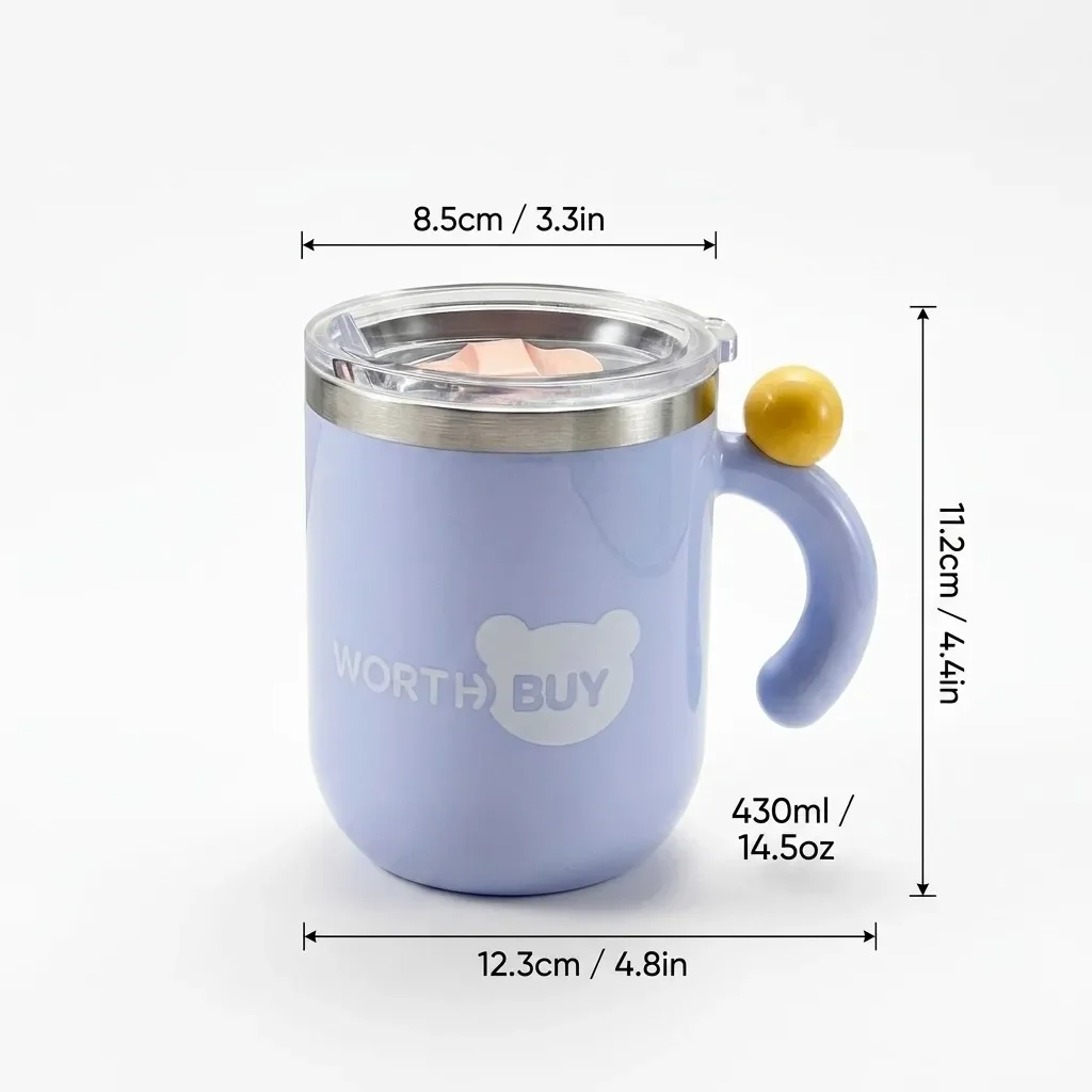 Leuke geïsoleerde koffiemok met handvat, 430 ml, gemaakt van 316 roestvrij staal, thermische reismok, lekvrije beker met deksel, draagbaar drinkgerei.
