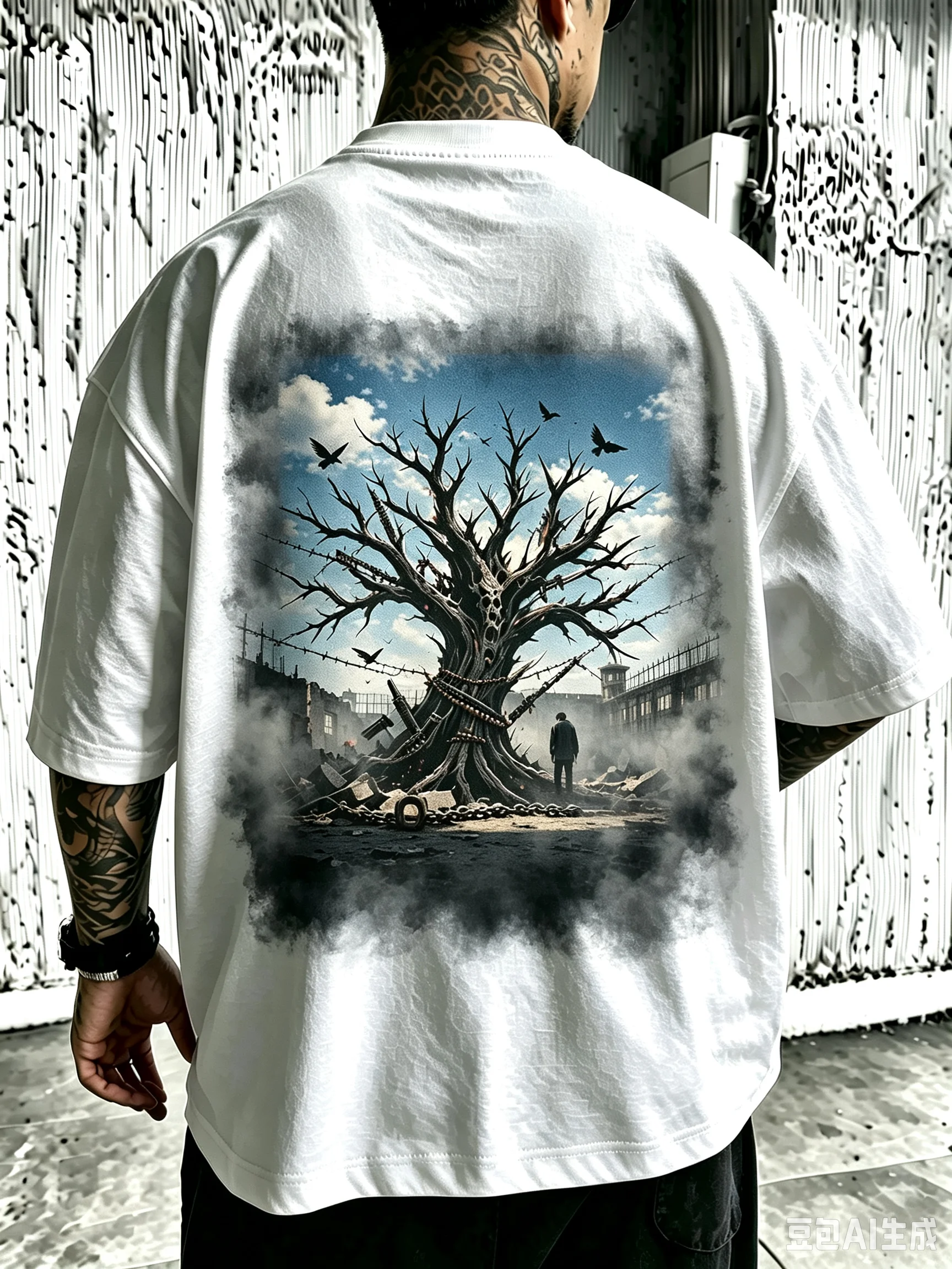 Men'S Fashion Aesthetics - เสื้อยืดโอเวอร์ไซส์แบบยูนิเซ็กส์ลายพิมพ์ด้านหลังลายกอธิค ต้นไม้แห้ง ปืน กา คุก และซากปรักหักพัง