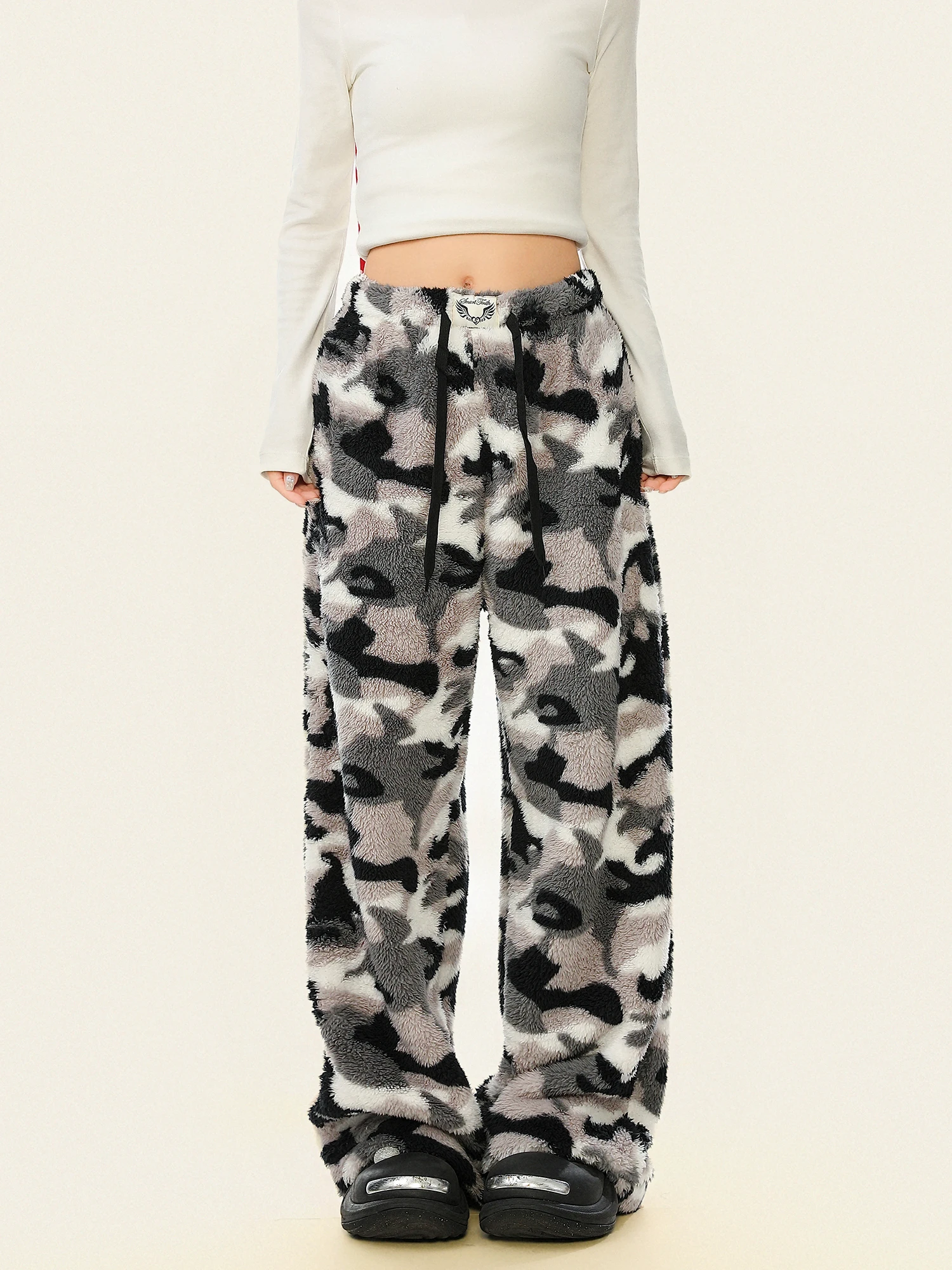 

Lu Casual Camouflage Fluffy Loose Winter Thiened Wide Leg Pants Women's Comfortable Warm Trousers for Daily Wear