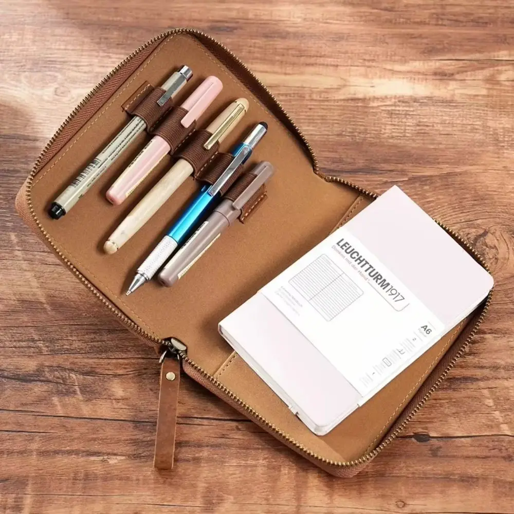 2025 Leather A6 Notebook Cover Creative Soft Zipper Wrap Multifunctional Durable 5-Slot Pen Bag for Hobonichi/ Stalogy/ Midori