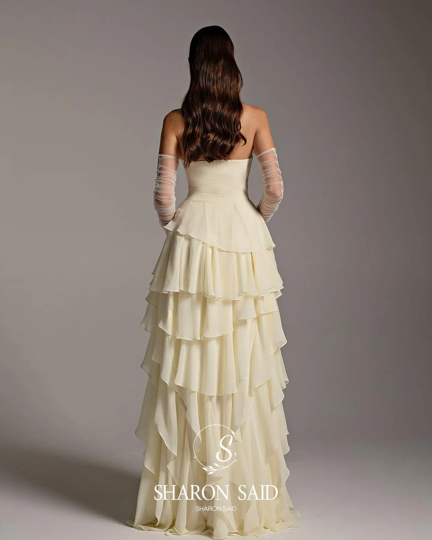 Sharon Said Dubai Beige Strapless Avondjurken met Ruche Handschoenen voor Vrouwen Bruiloft Formele Jurk SF256 Aangepast