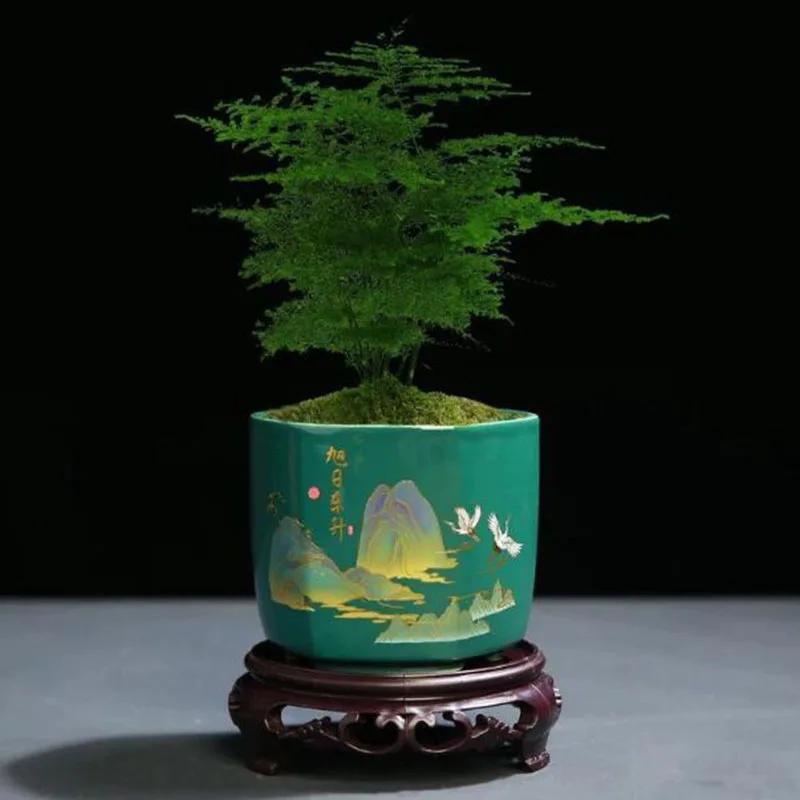 Chinese Style Classical Landscape Painting Ceramic Flower Pots Asparagus Fleshy Green Plants Pot with A Hole Balcony Home Decor