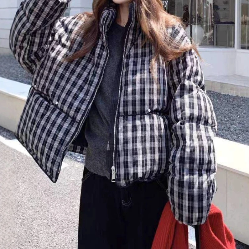 ملابس نسائية قصيرة منقوشة بالقطن لشتاء 2025 ملابس خبز جديدة بياقة واقفة #3