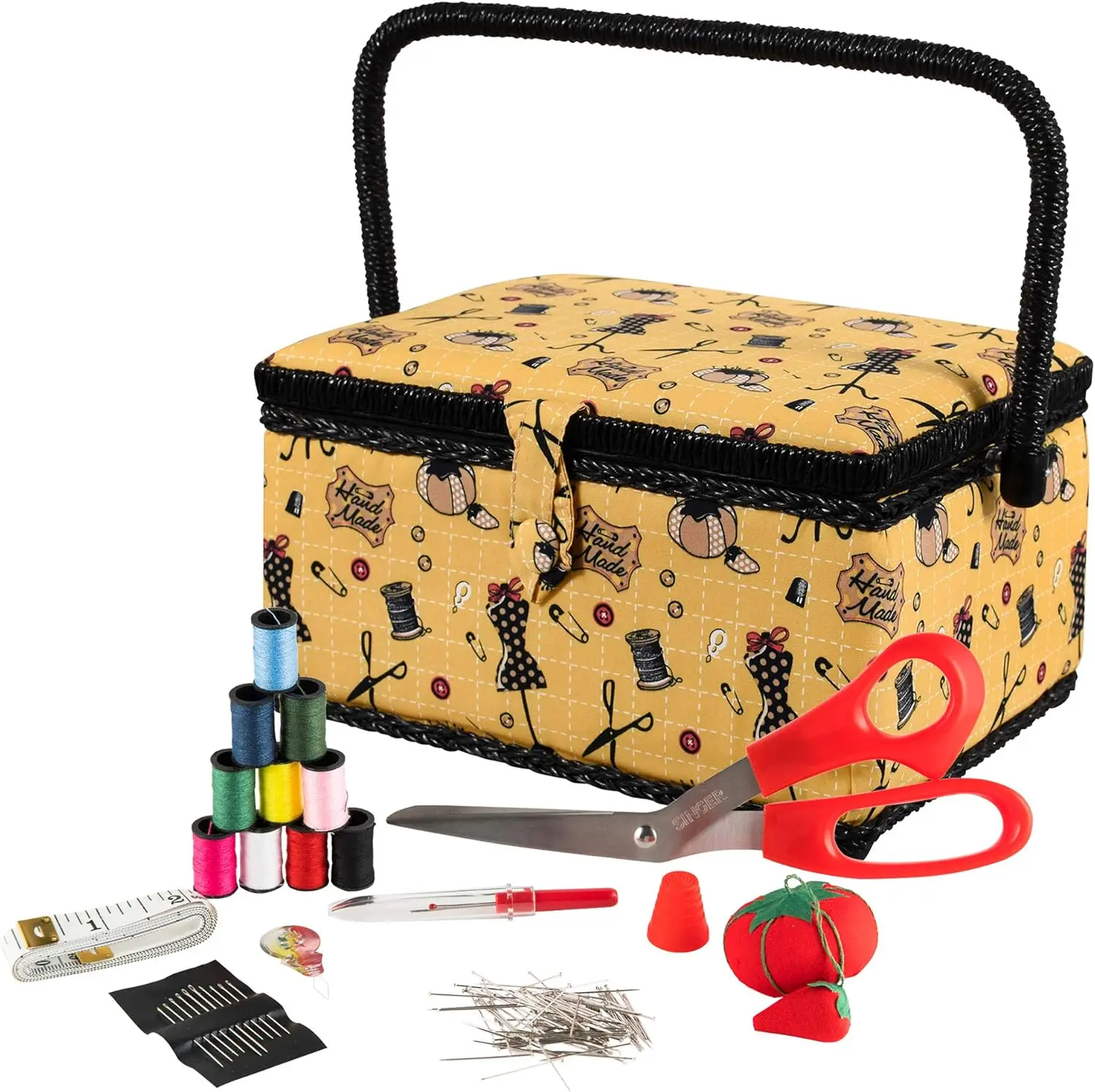

Vintage Yellow Sewing Basket with Complete Kit Accessories for Home Crafting