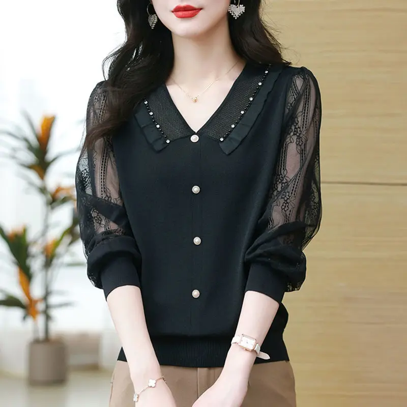 Fashion V-Neck Knitted Spliced Lace Beading Blouses Women's Clothing 2024 Autumn New Loose All-match Tops Office Lady Shirts